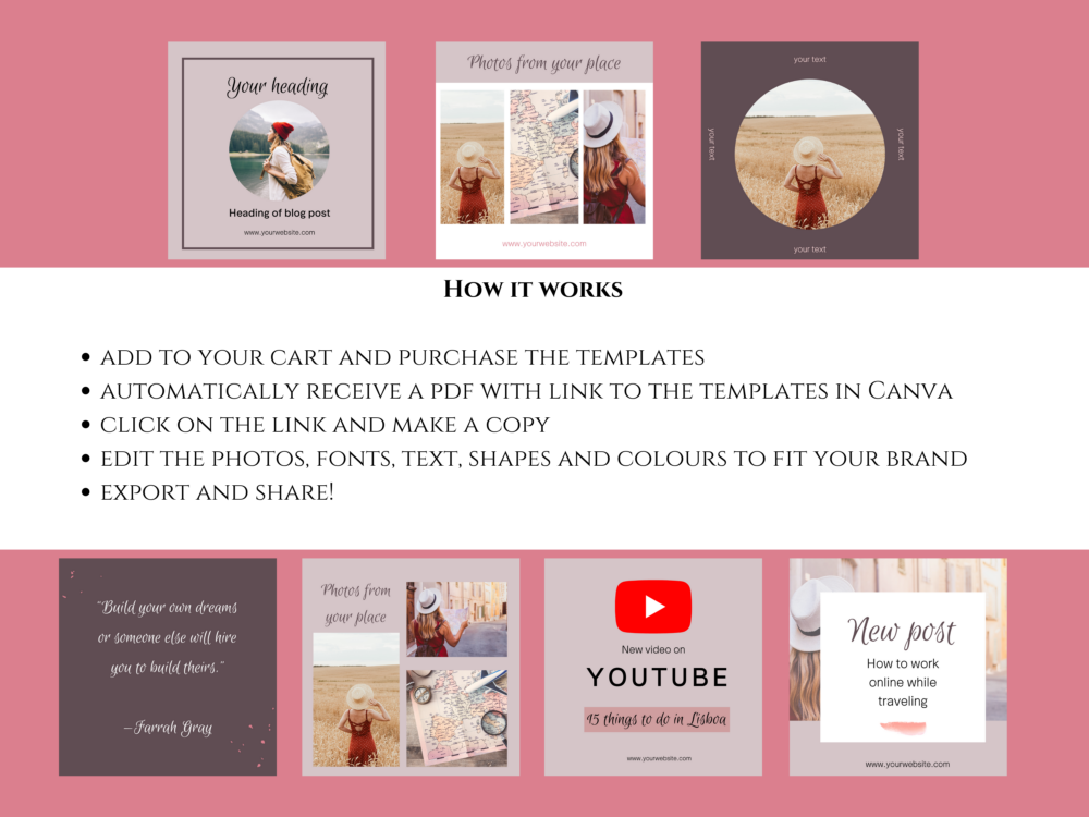 Travel blogger social media posts templates