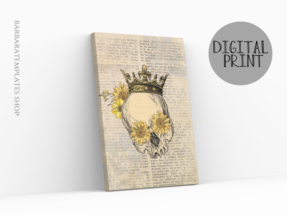 Goth human skull with sunflowers and crown digital print
