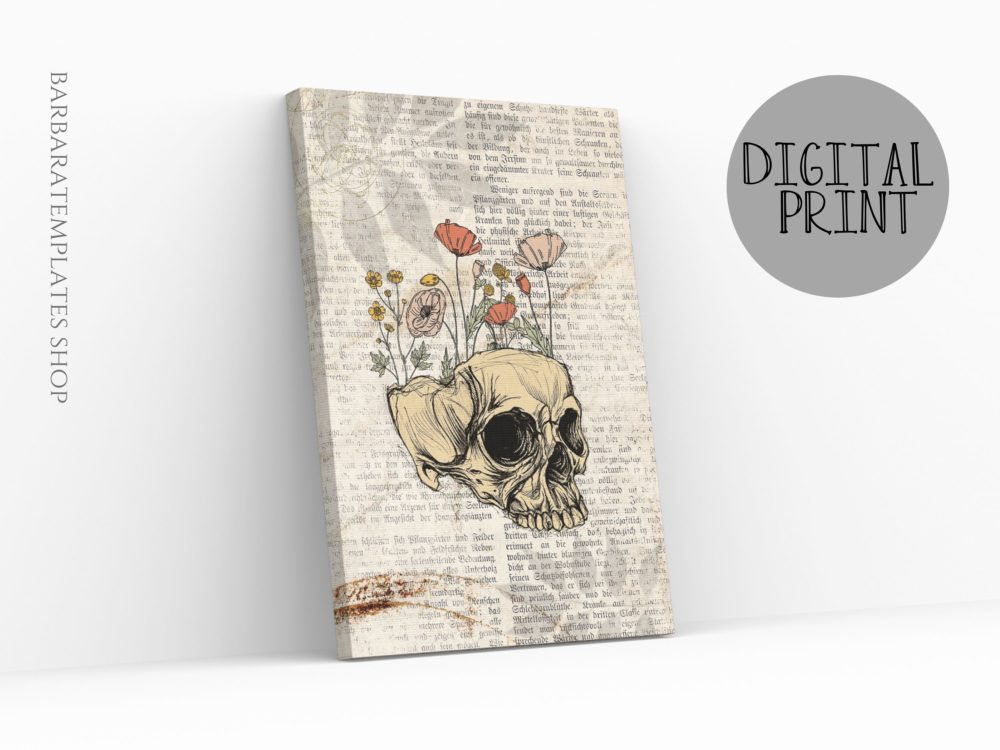 Human skull with flowers gothic digital print