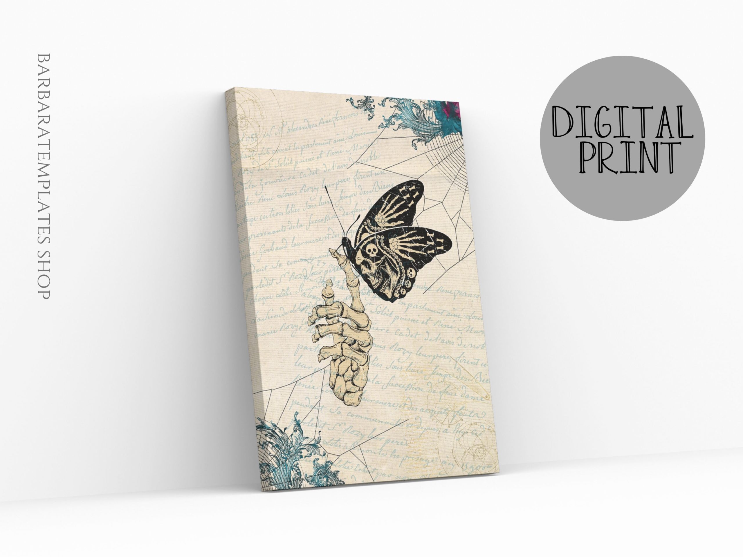 Gothic skeleton hand with butterfly digital print