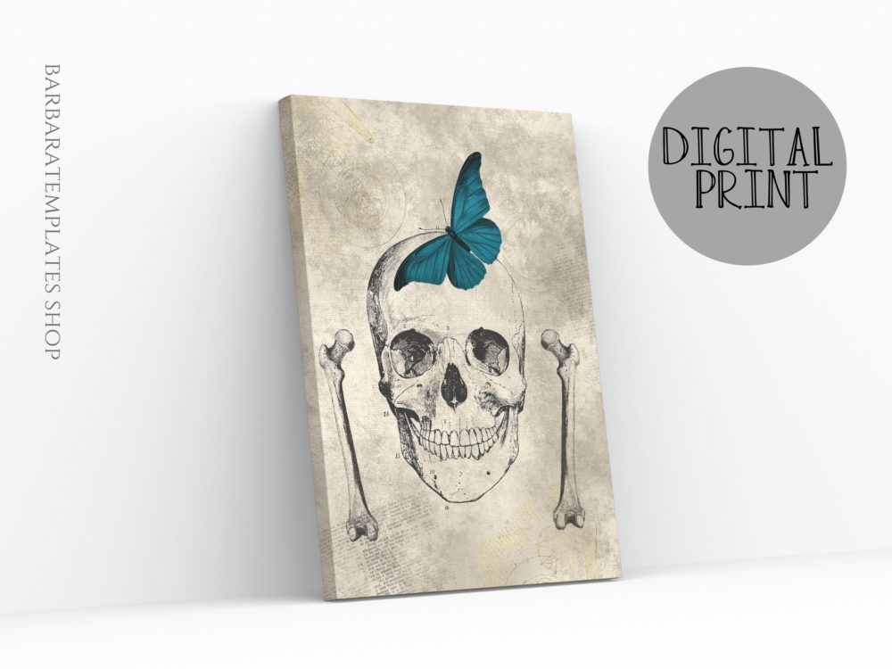 Gothic human skull digital print with blue butterfly