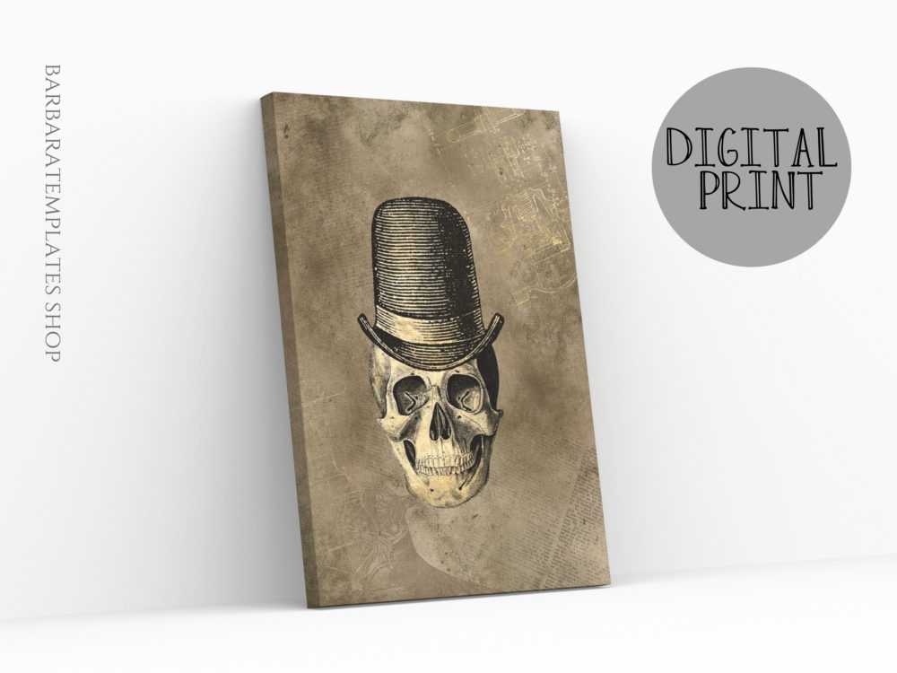Steampunk human skull with hat digital print