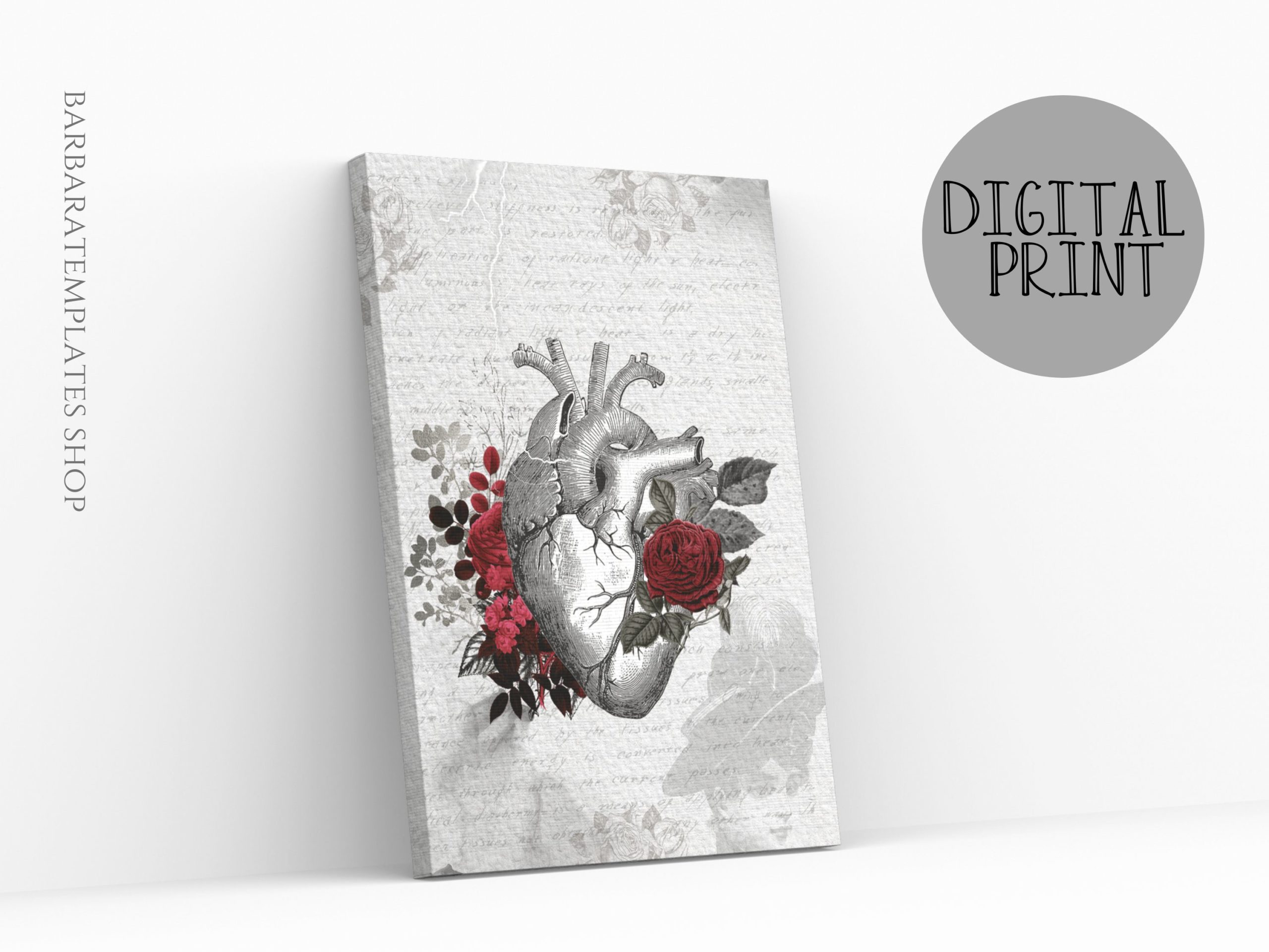 Human heart with roses aesthetic digital wall decor
