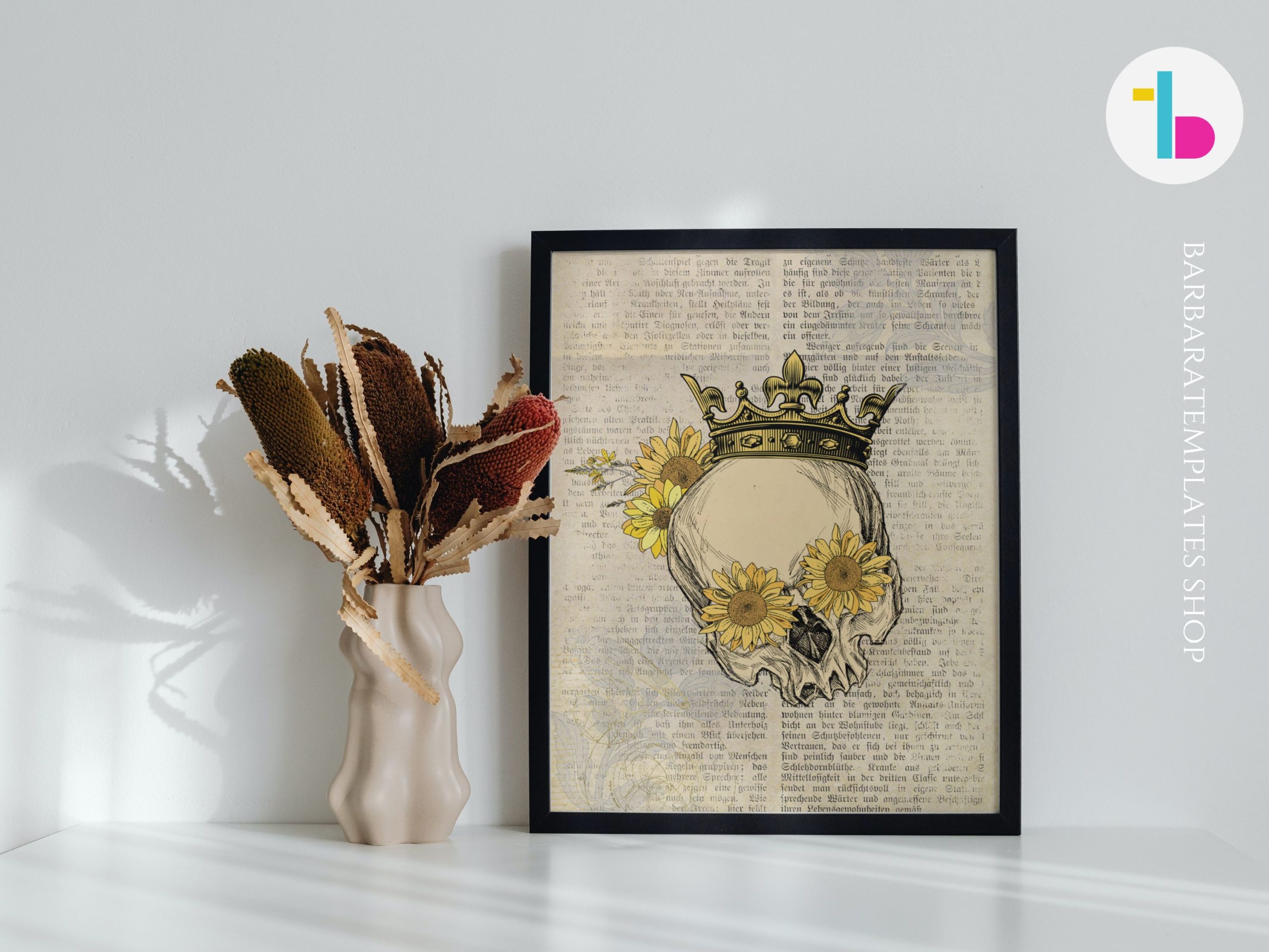 Goth human skull with sunflowers and crown digital print