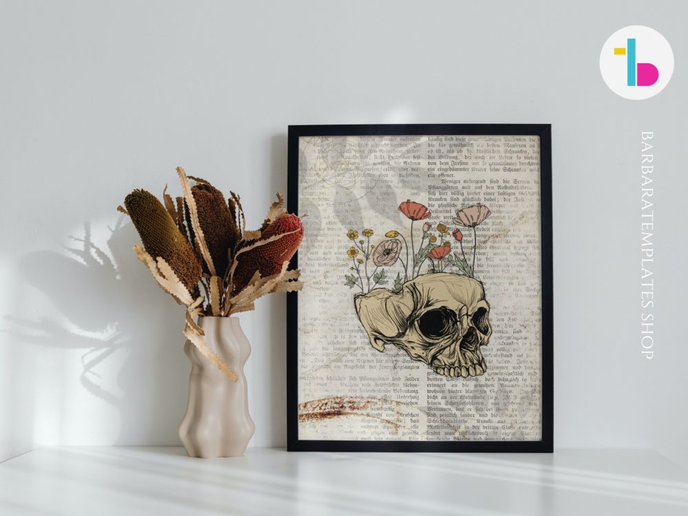 Human skull with flowers gothic digital print