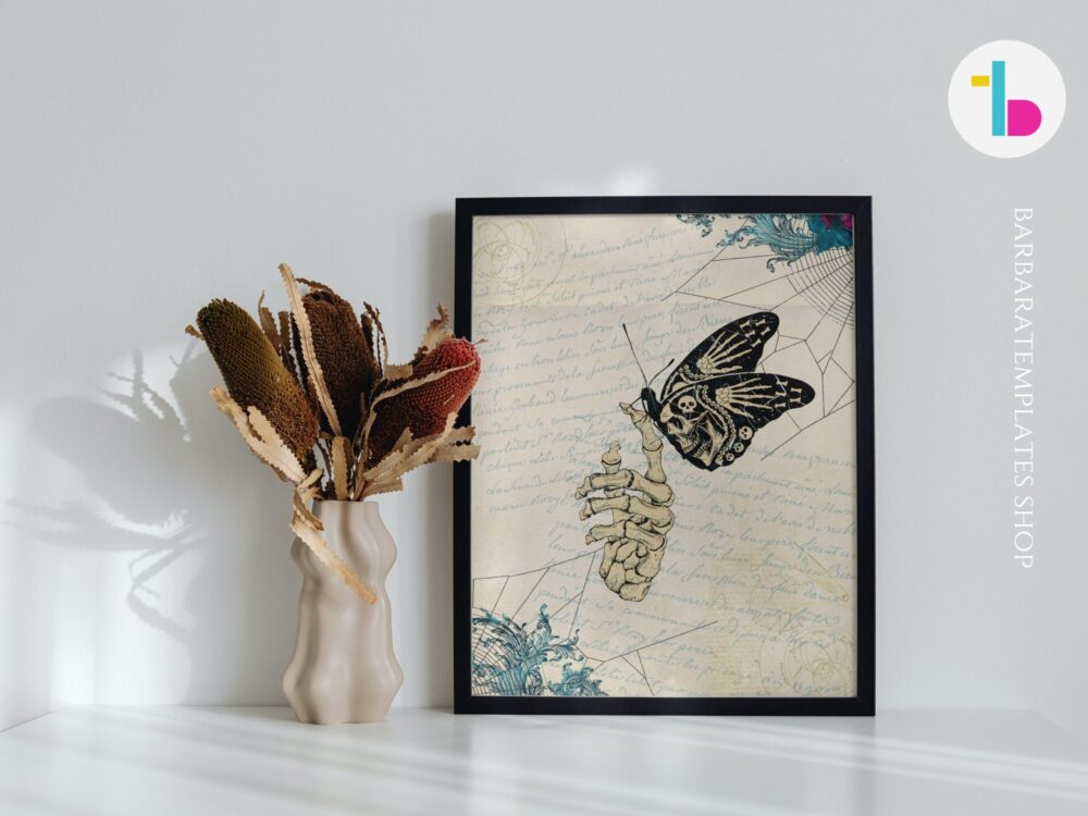 Gothic skeleton hand with butterfly digital print