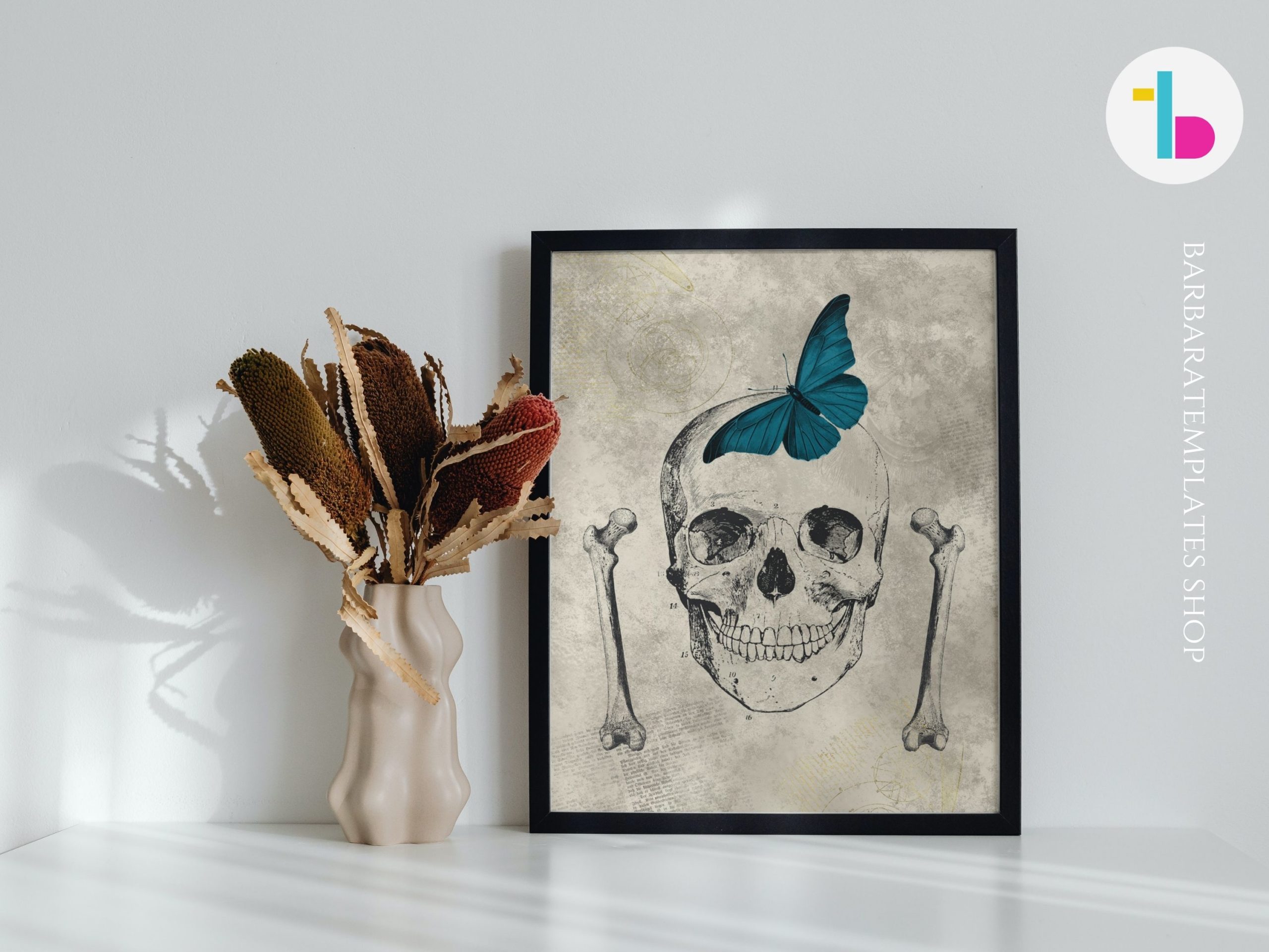 Gothic human skull digital print with blue butterfly