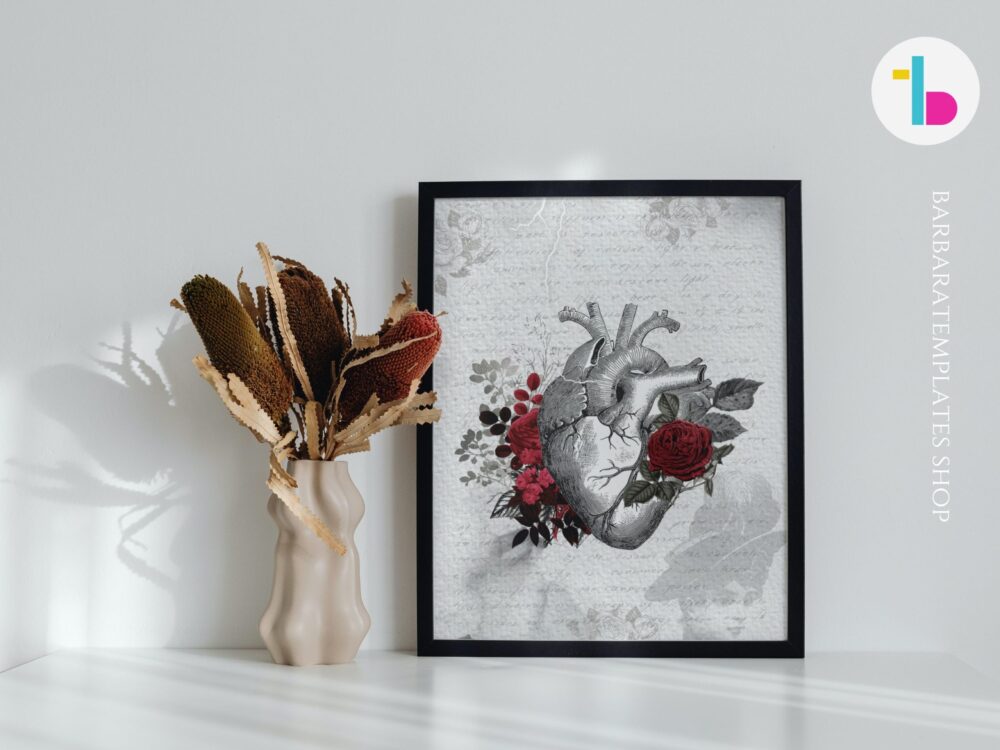 Human heart with roses aesthetic digital wall decor