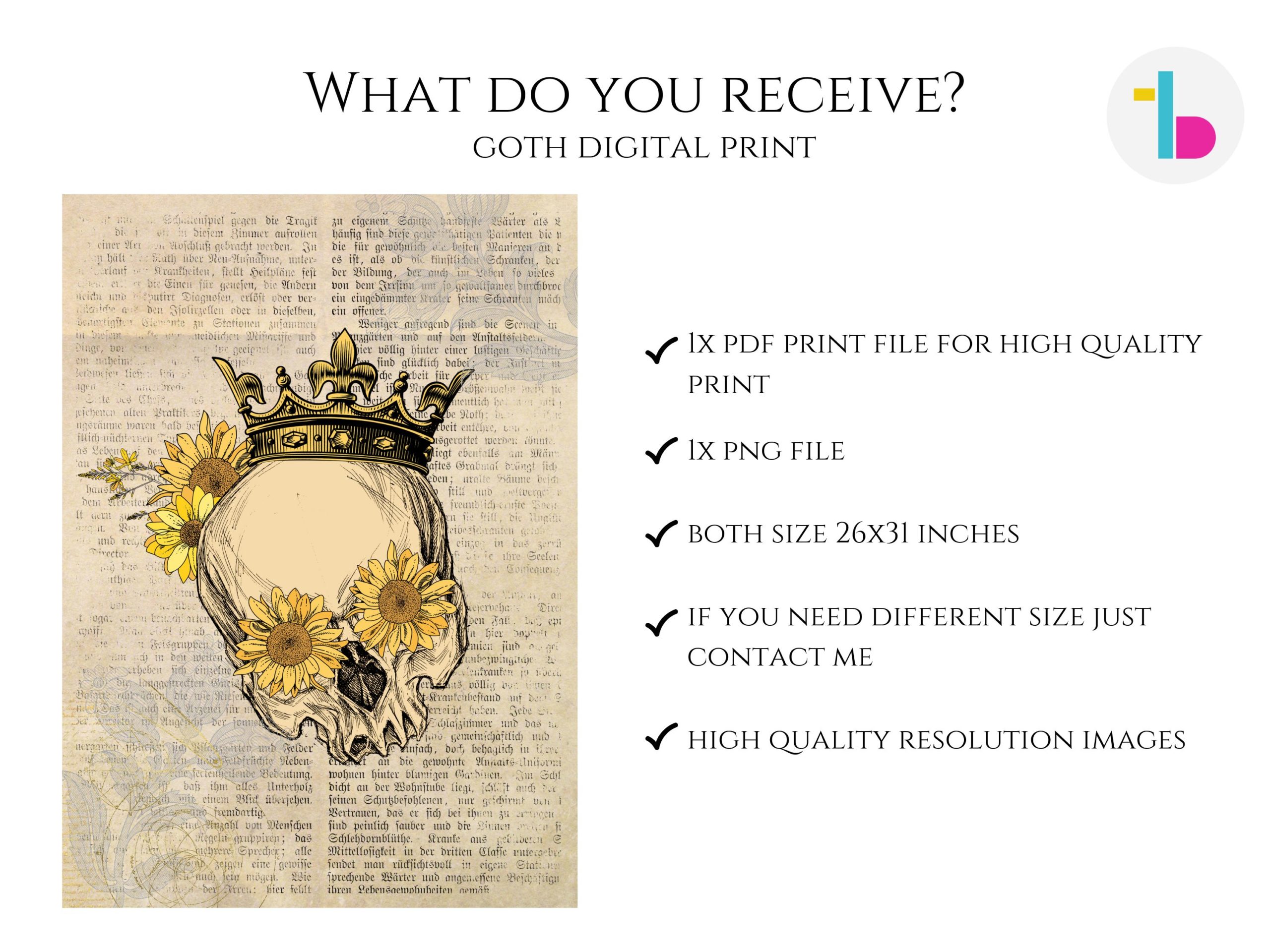 Goth human skull with sunflowers and crown digital print