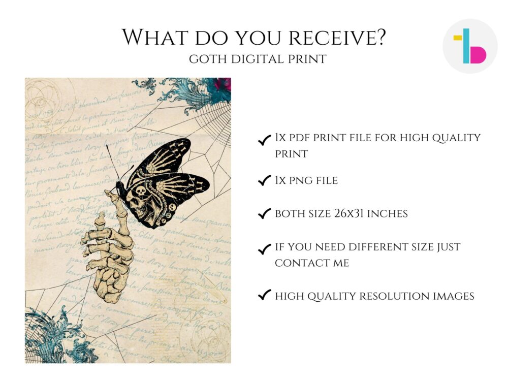 Gothic skeleton hand with butterfly digital print