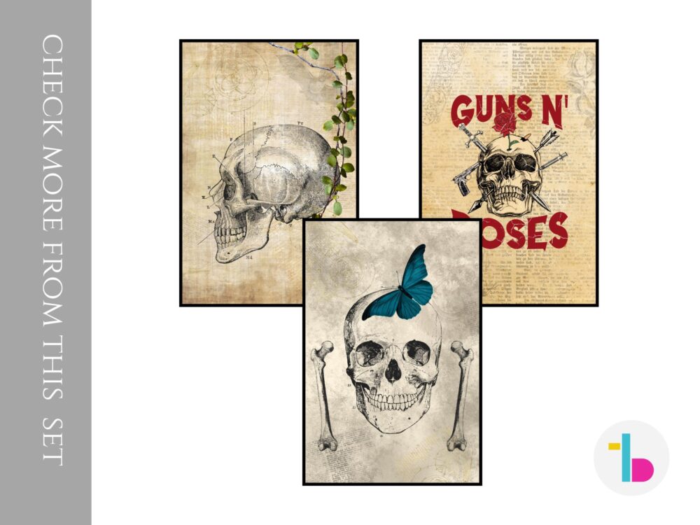 Goth human skull with sunflowers and crown digital print