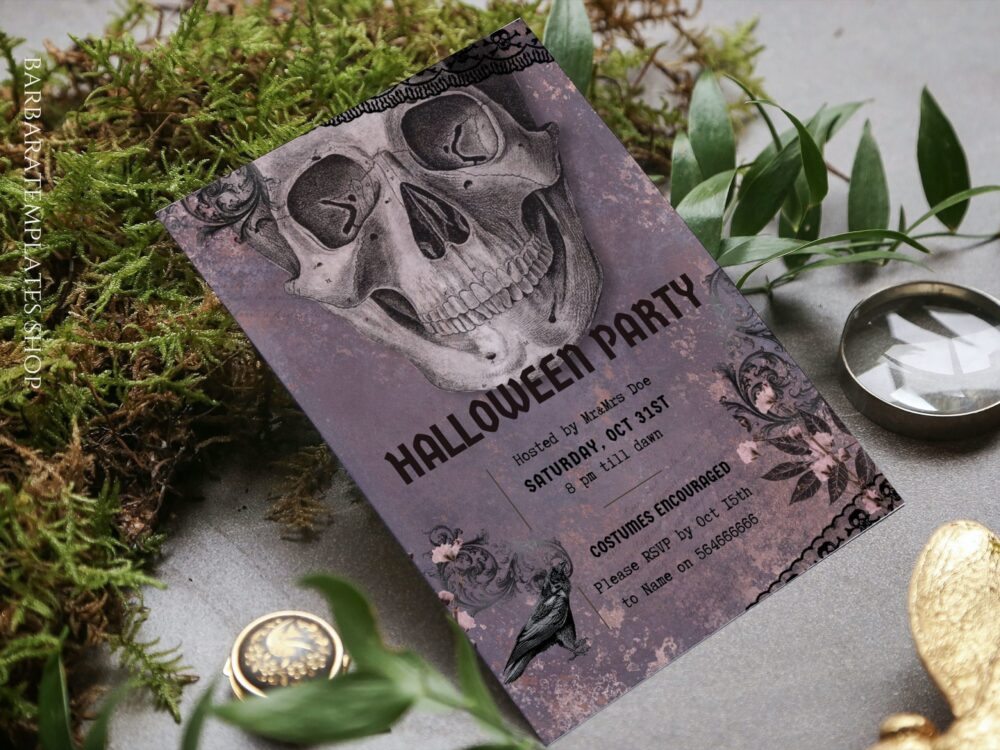 Editable Human skull Victorian Invitation