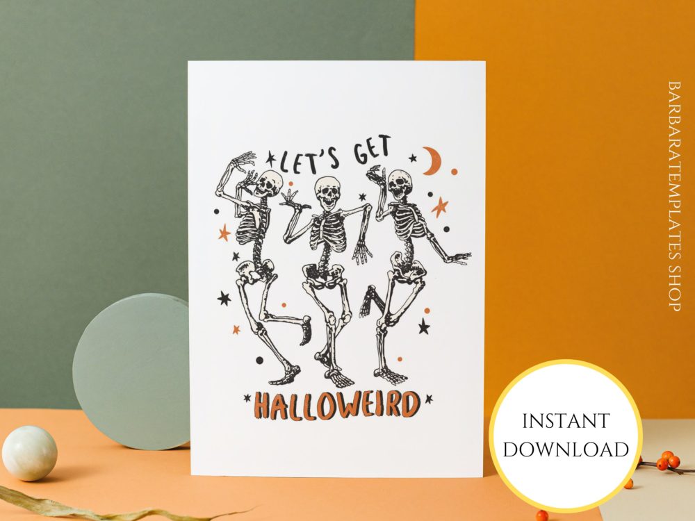 Dancing skeletons Halloween printable editable card