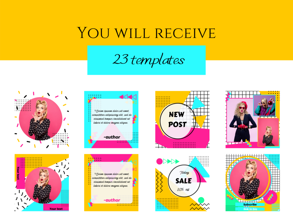 Memphis style Instagram post templates bundle