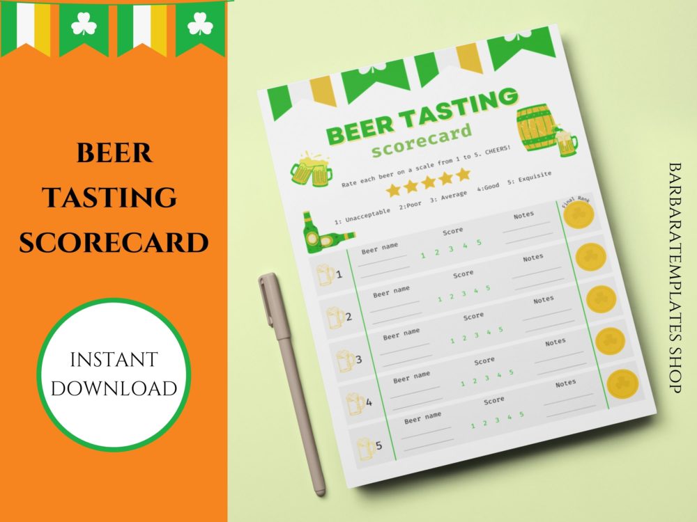 St. Patricks Day Beer Tasting Scorecard, Drinking Game For Adults Printable Sheet