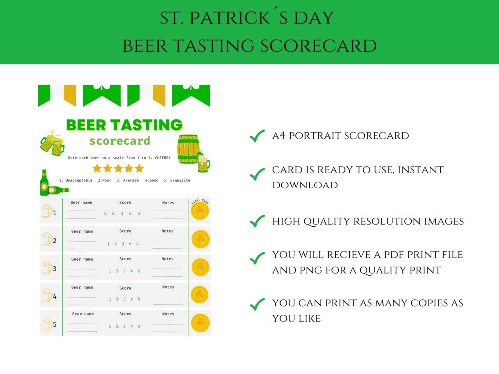 St. Patricks Day Beer Tasting Scorecard, Drinking Game For Adults Printable Sheet