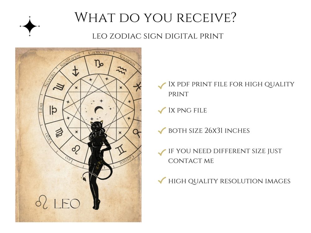 Leo Digital Print, Zodiac Star Signs Printable Wall Art