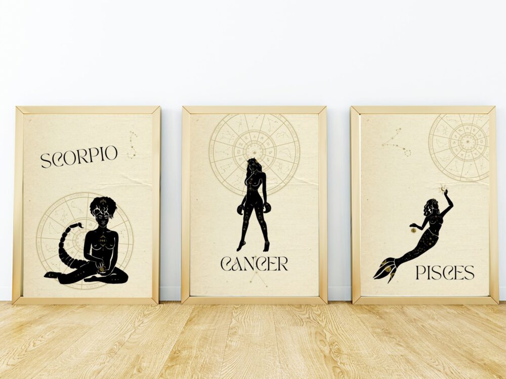 Water Elements, Zodiac Digital Prints, Cancer, Pisces, Scorpio Printable Wall Art