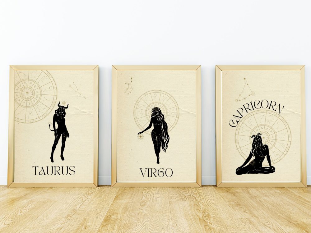 Zodiac digital prints, Taurus, Virgo, Capricorn printable wall decor