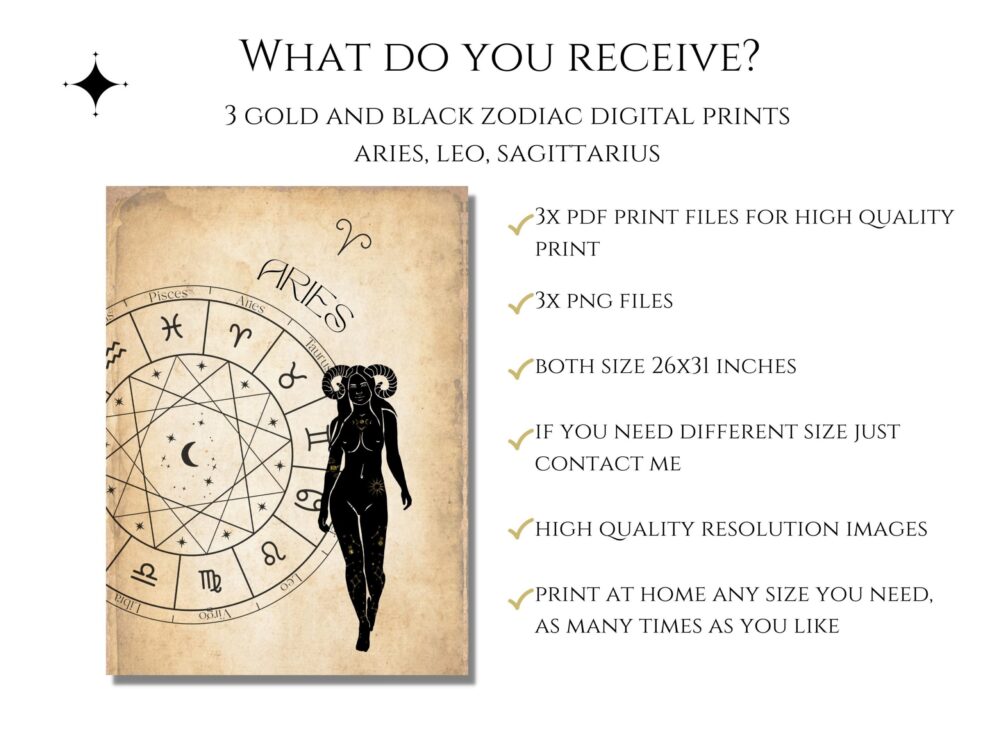 Fire Elements, Zodiac Digital Prints, Aries, Leo, Sagittarius Printable Wall Art