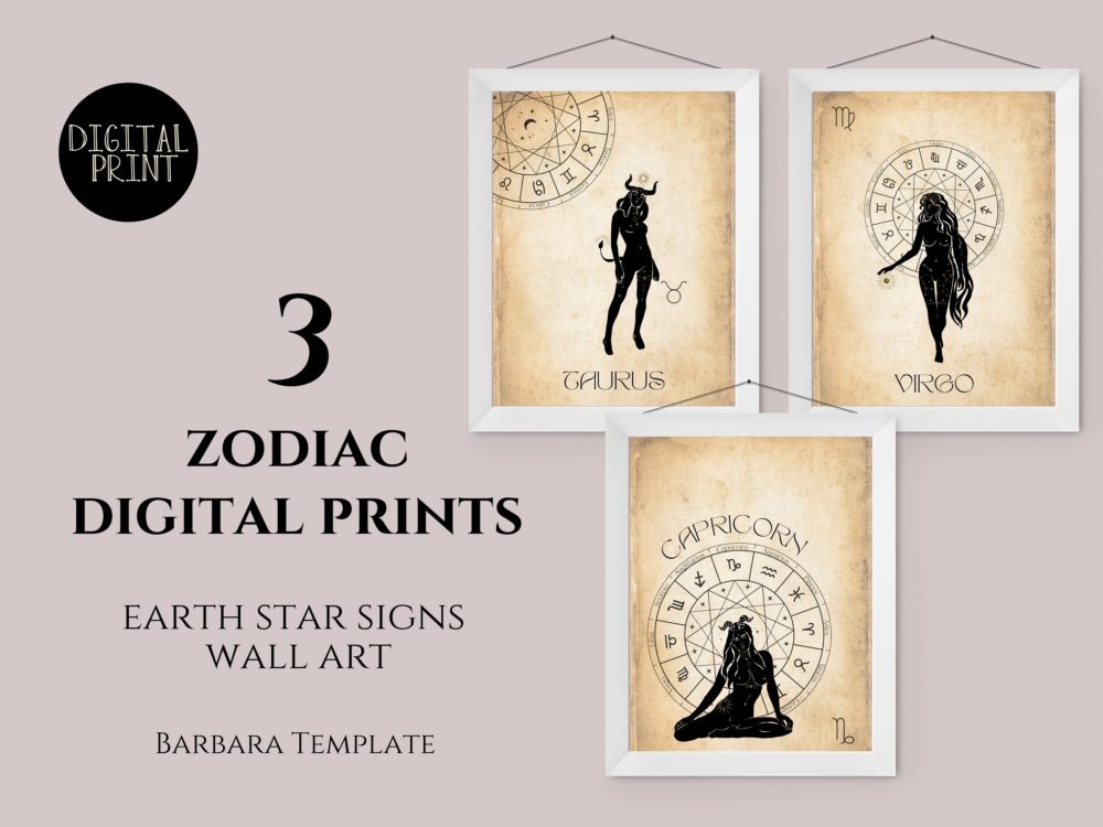 Earth Elements, Zodiac Digital Print, Taurus, Virgo, Capricorn Printable Wall Art