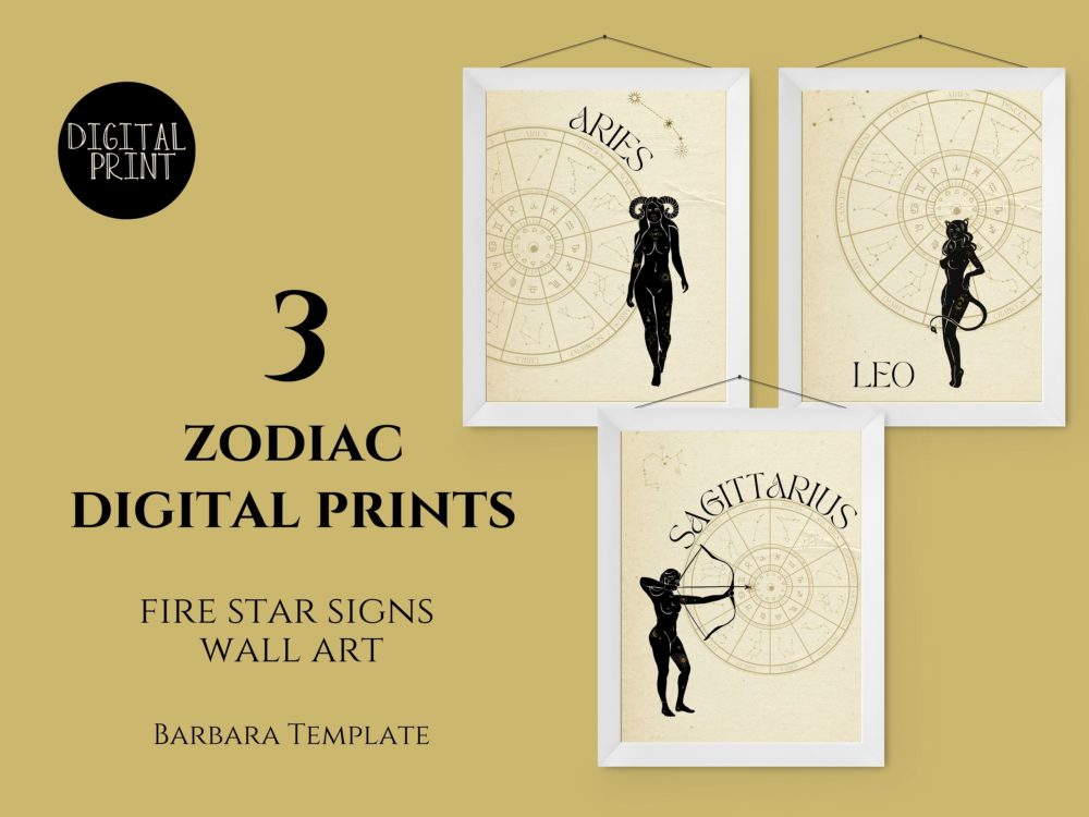 Zodiac printable wall art, 3pc Fire Element, Aries, Leo, Sagittarius Digital Prints