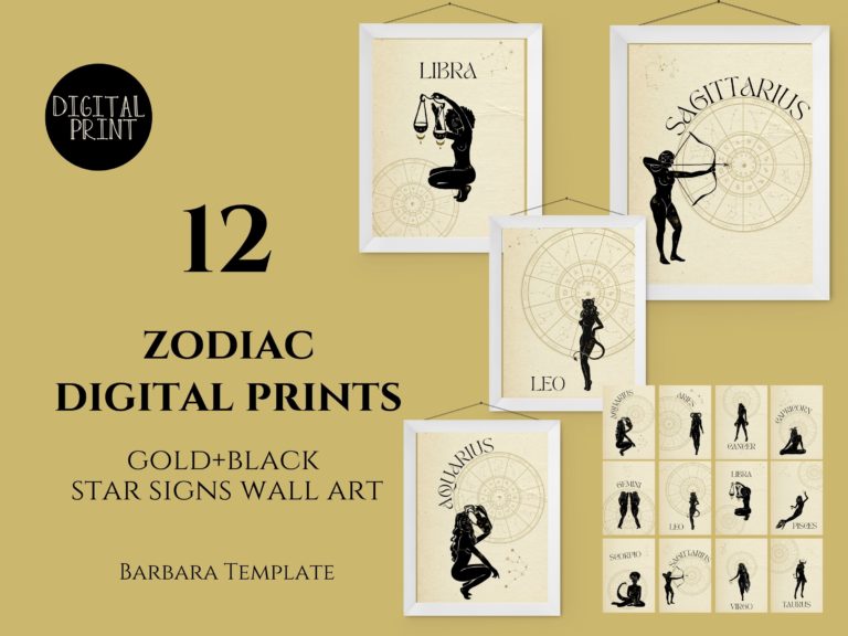 12 zodiac digital prints, gold and black star sign wall art