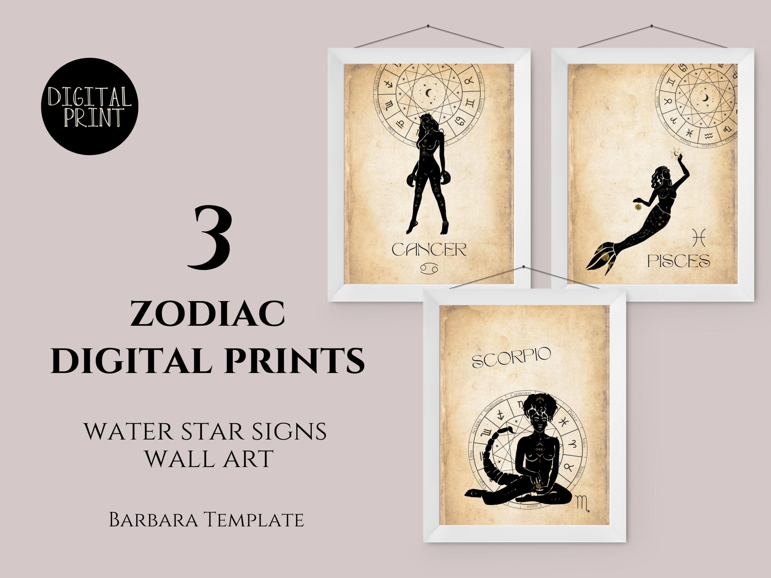 Water Elements, Zodiac Digital Prints, Cancer, Pisces, Scorpio Printable Wall Decor