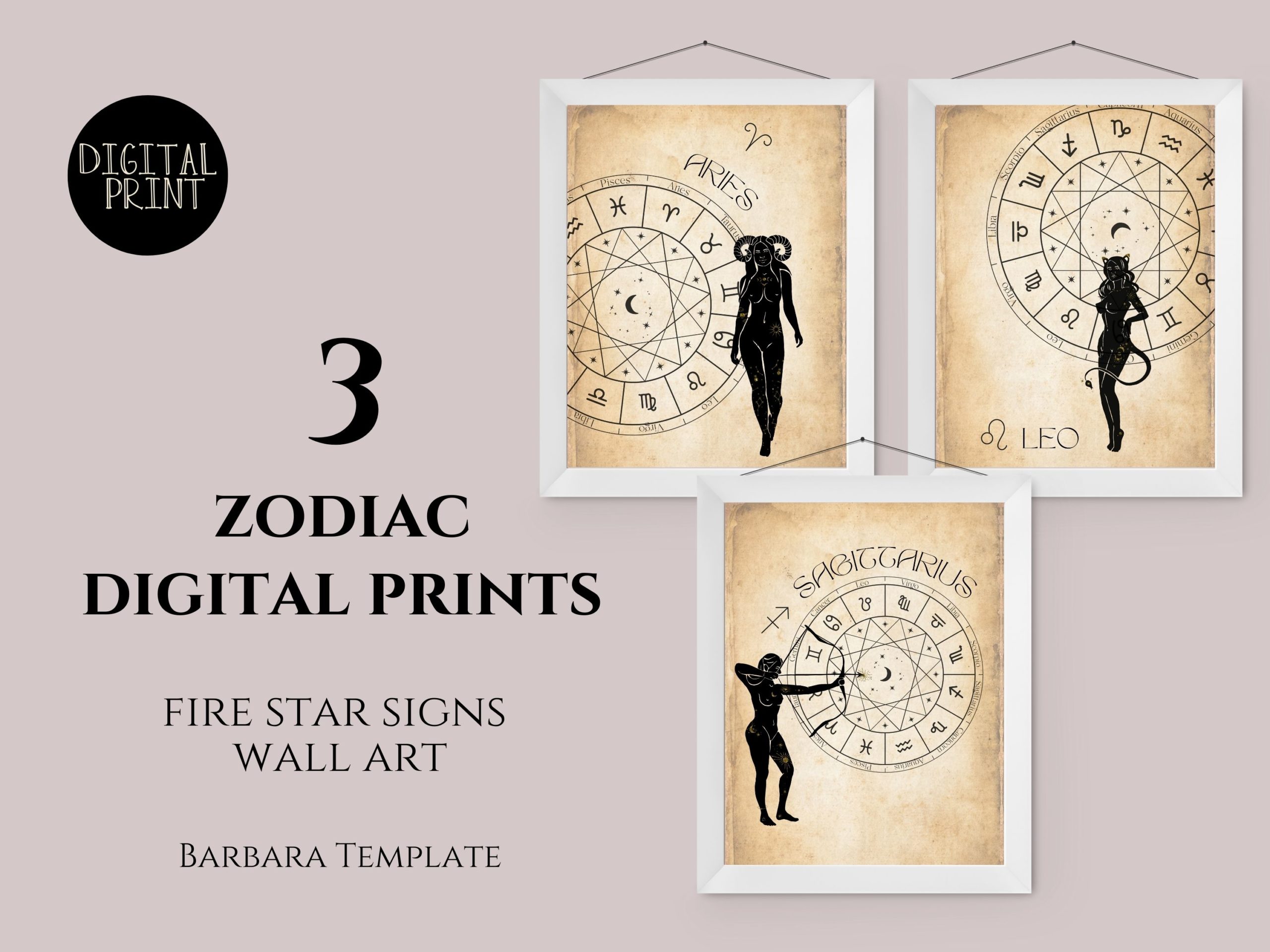 Fire Elements, Zodiac Digital Prints, Aries, Leo, Sagittarius Printable Wall Art
