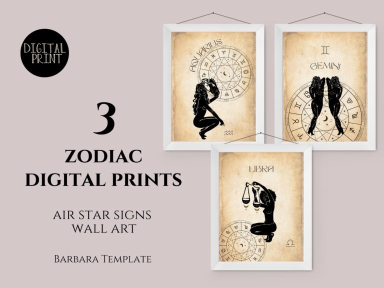 Air Elements Zodiac Printable Wall Art, Aquarius, Gemini, Libra Astrology Wall Decor