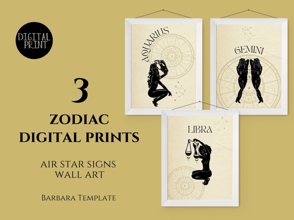 3pc zodiac digital prints, Air Elements, Aquarius, Gemini, Libra