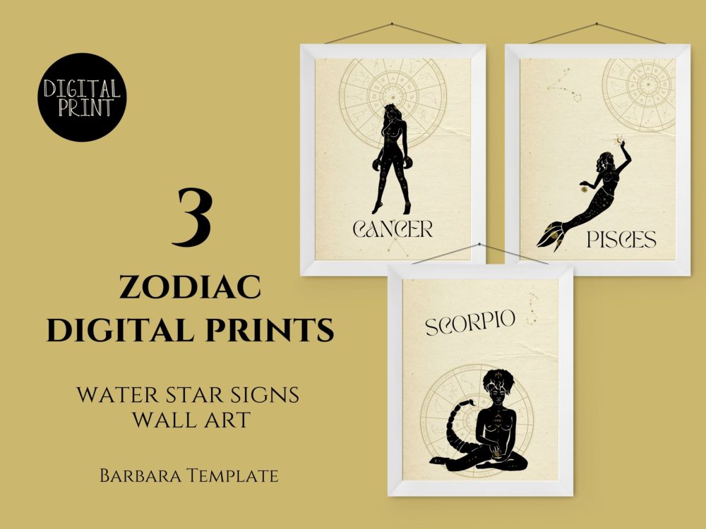 Water Elements, Zodiac Digital Prints, Cancer, Pisces, Scorpio Printable Wall Art