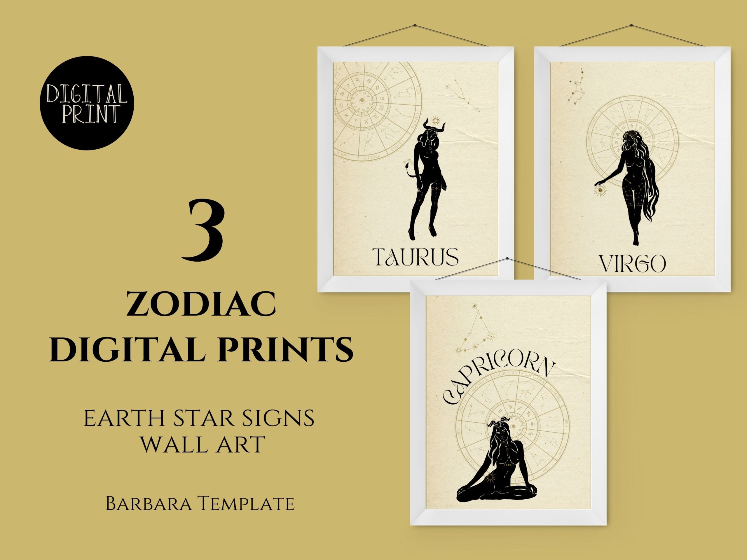 Zodiac digital prints, Taurus, Virgo, Capricorn printable wall decor