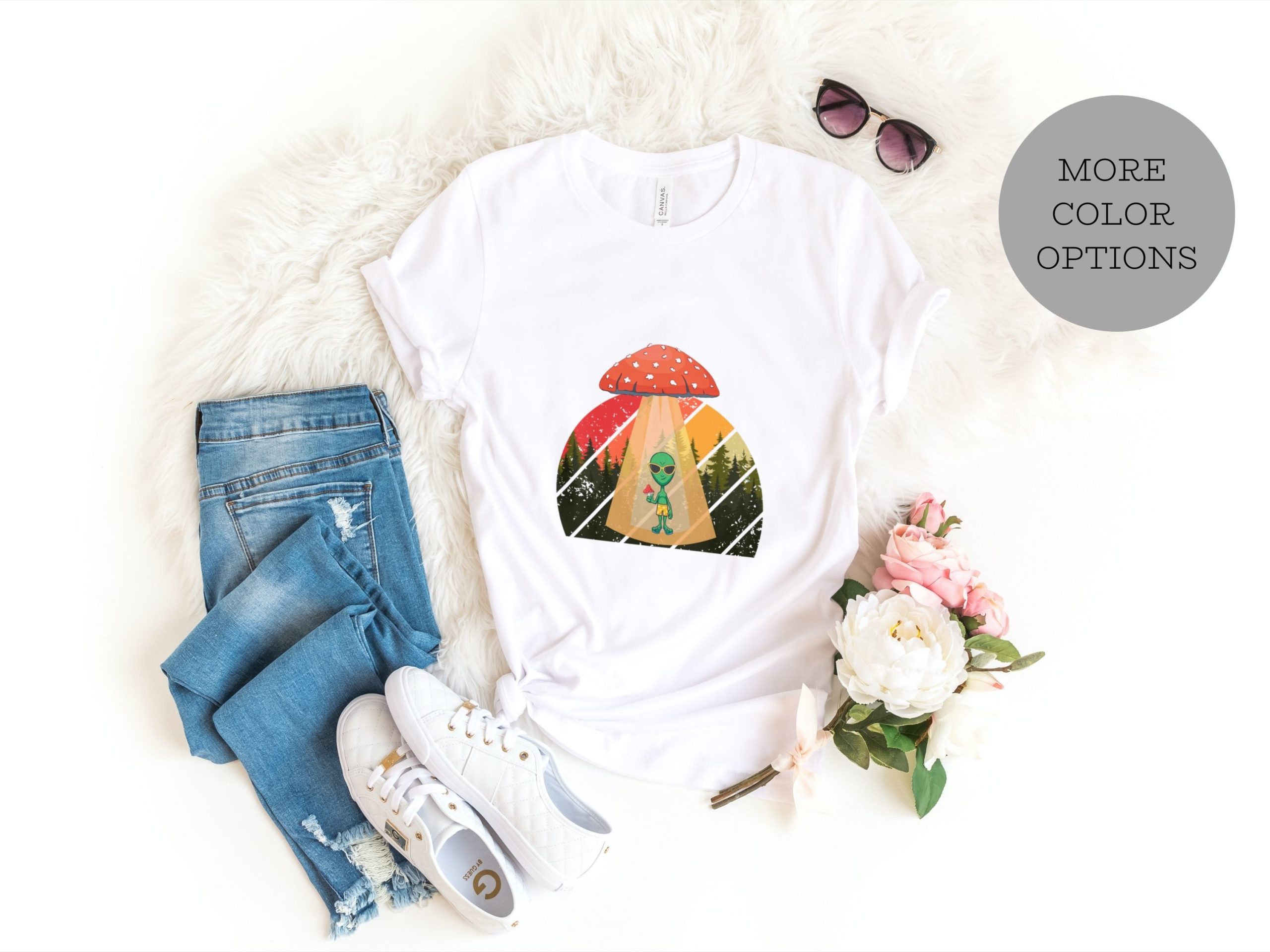 Alien and mushroom graphic shirt