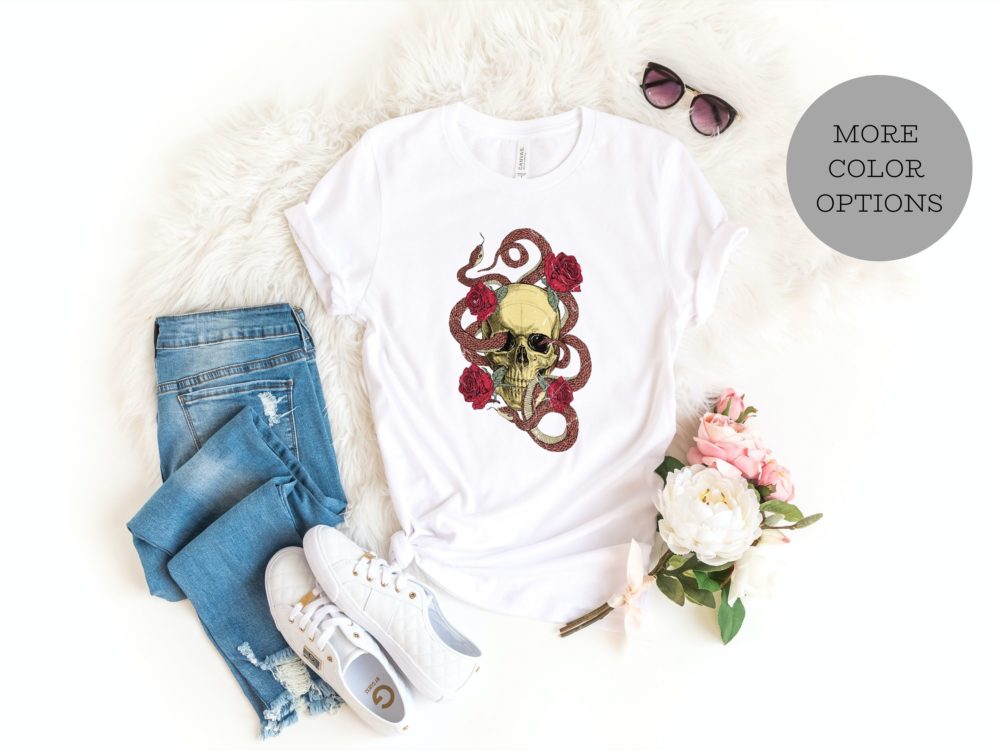 Human skull shirt with snakes and flowers