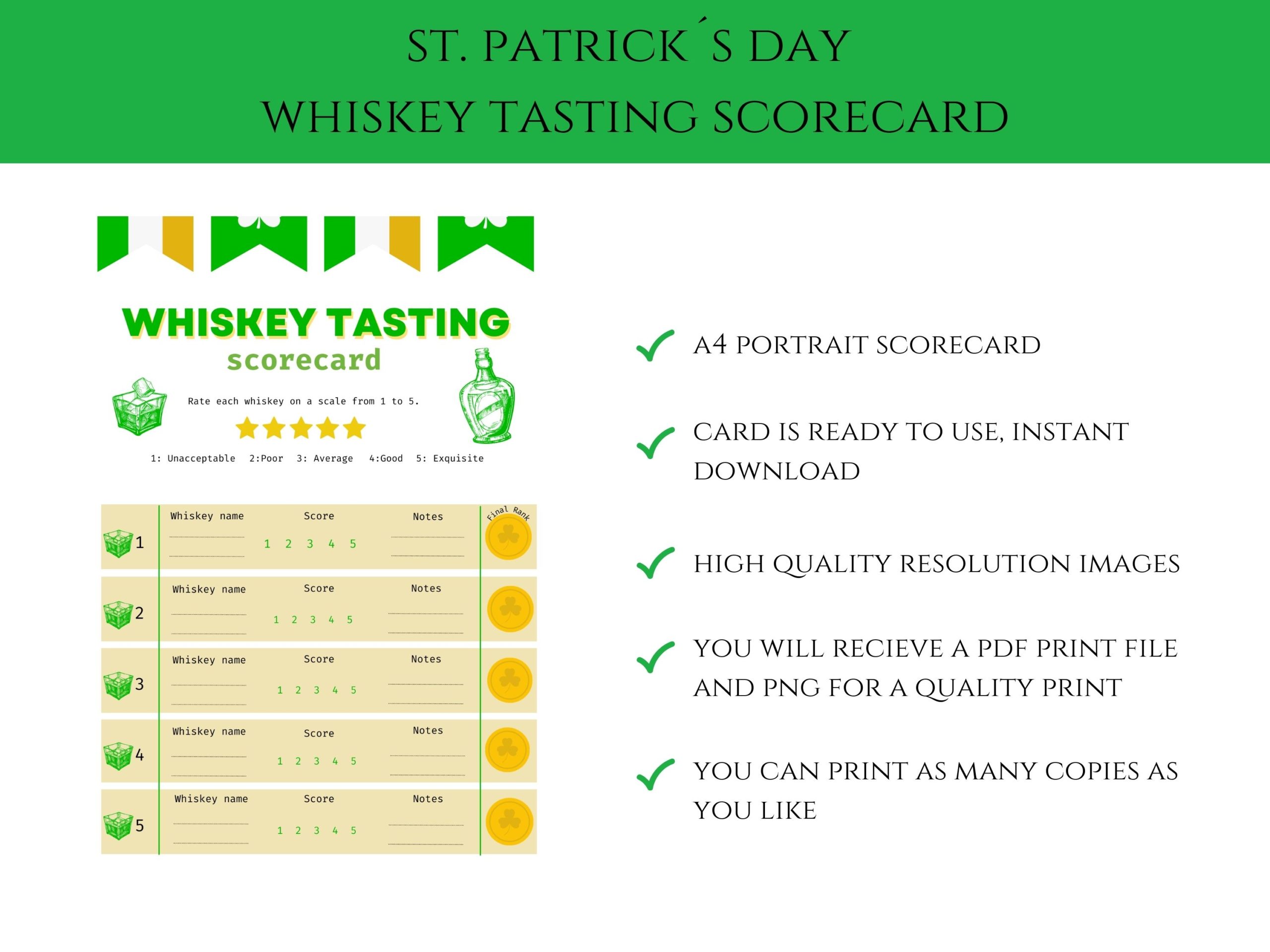 St. Patricks Day Whiskey Tasting Printable Scorecard