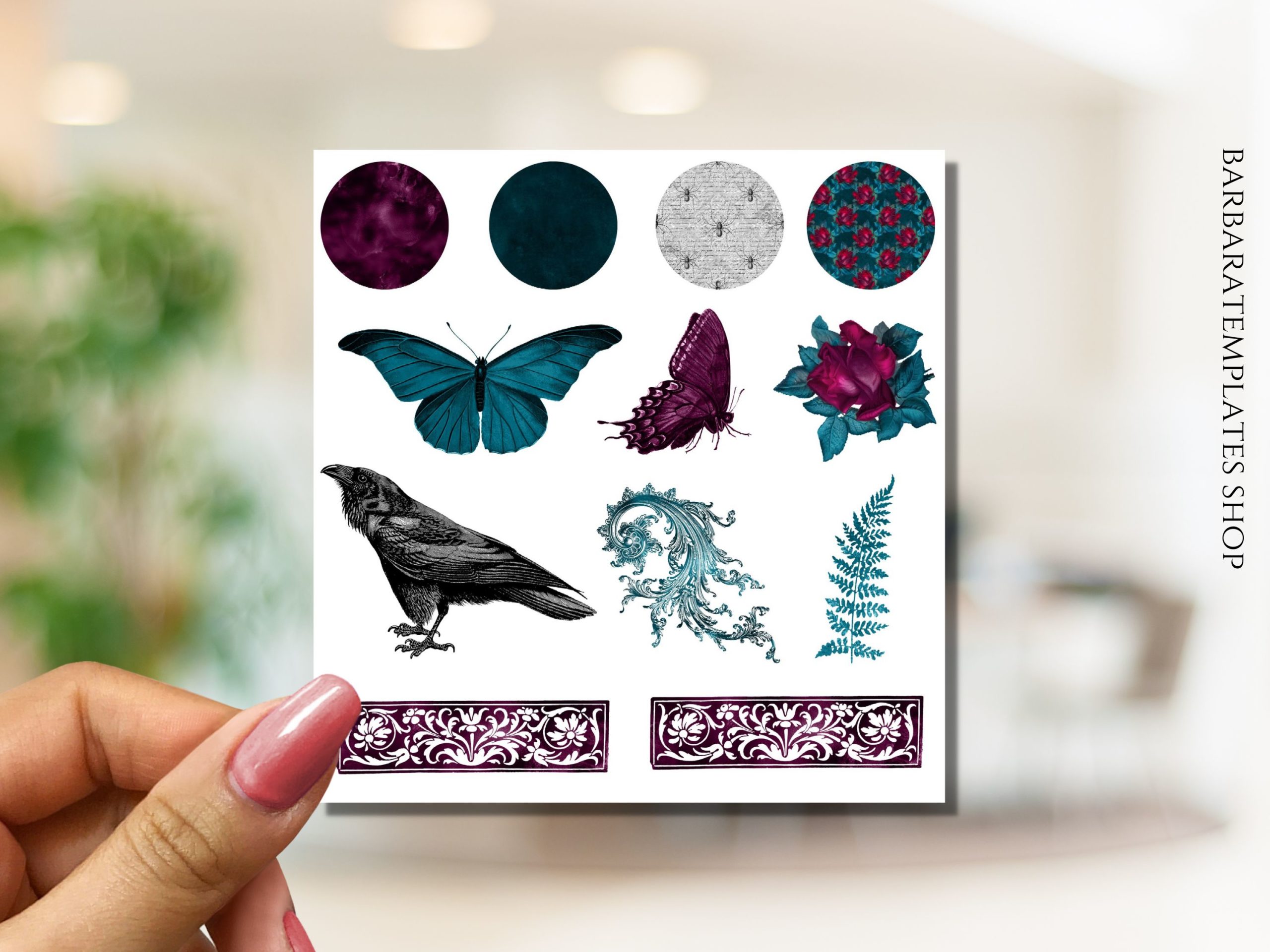 Gothic stickers, Raven, Butterfly, Gothic rose