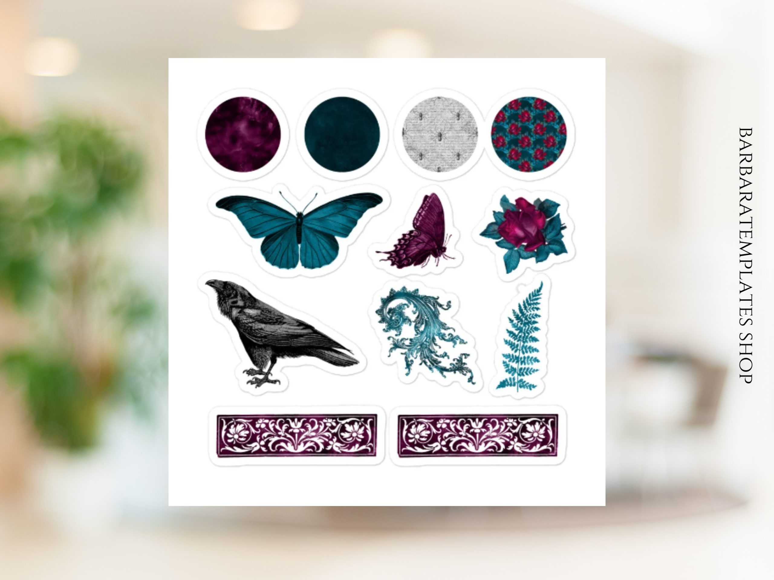 Gothic stickers, Raven, Butterfly, Gothic rose