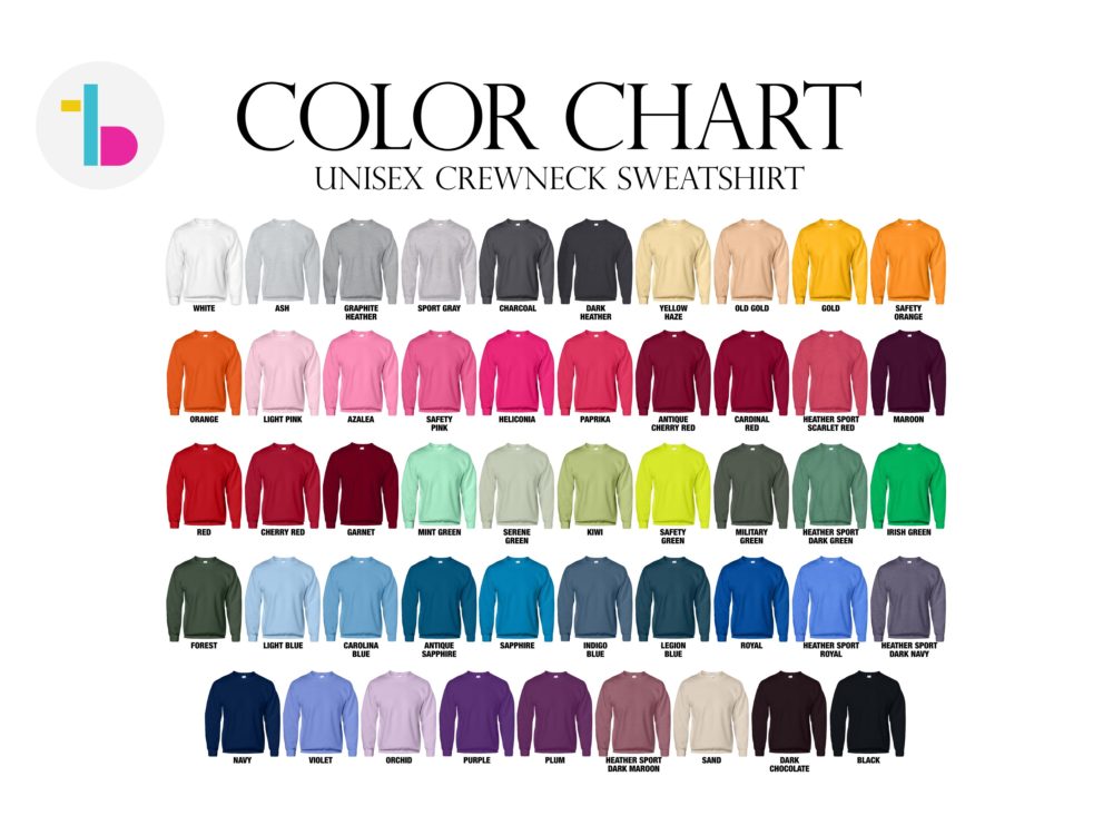 Sweatshirt color chart