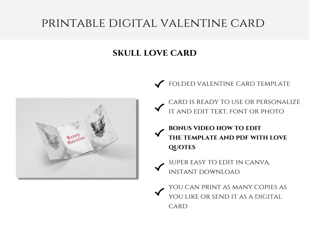 Goth Skull Valentine Card, Instant Download