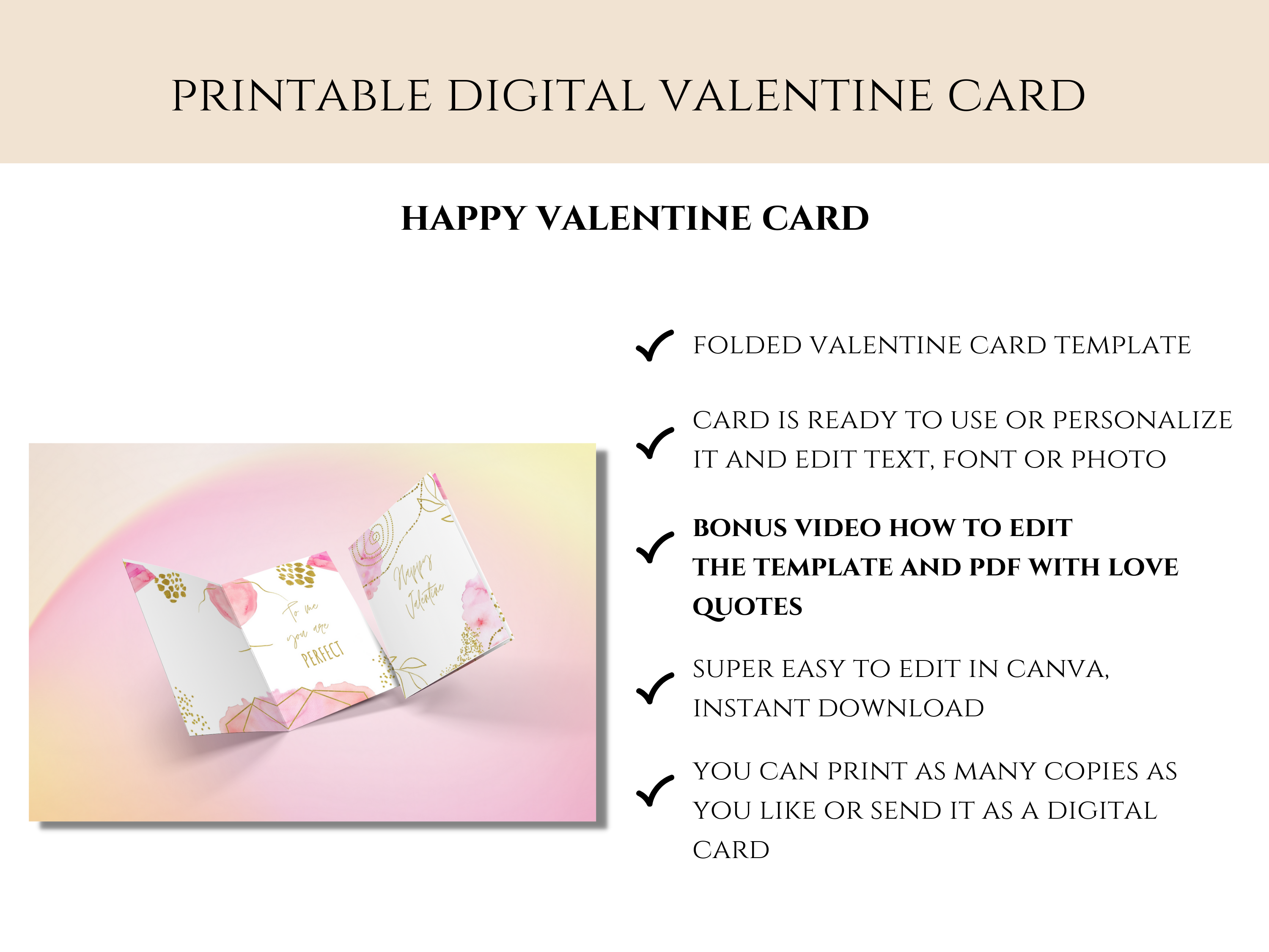 Happy Valentine Folded Gold and Pink Card