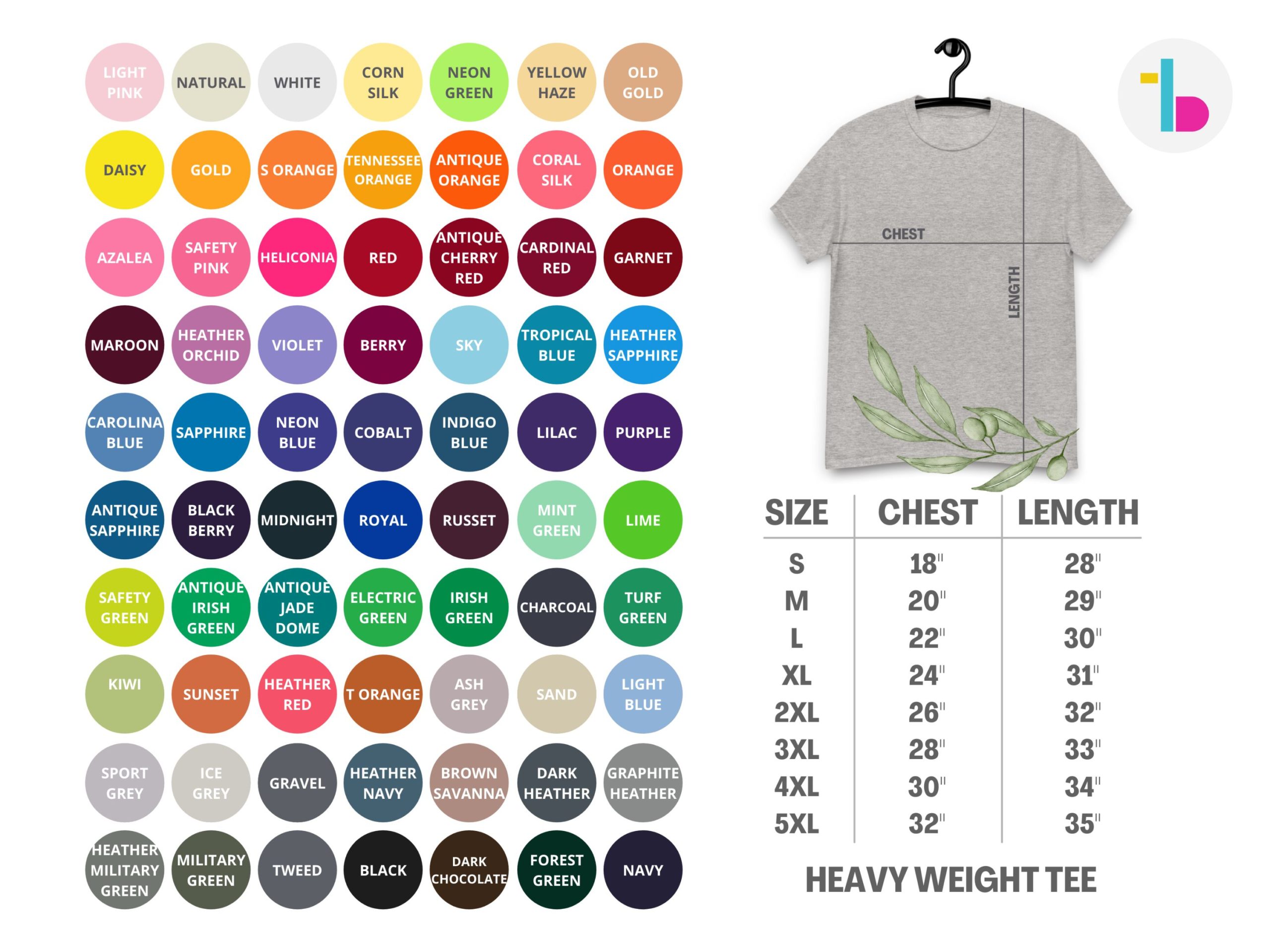 Retro shirts size and color chart